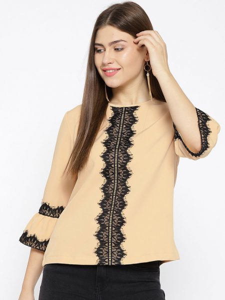 Beige & Black Bell Sleeve Lace Inserts A-Line Top