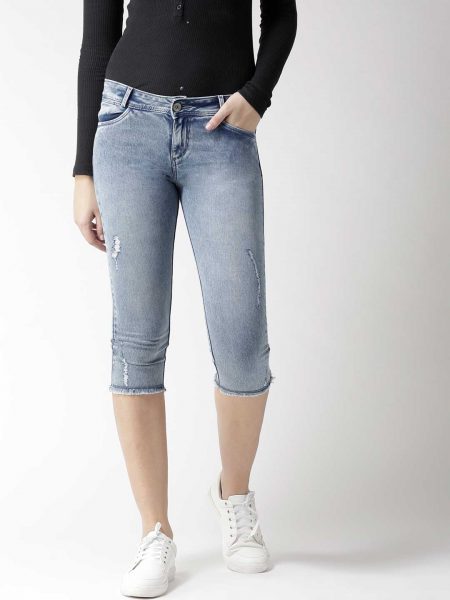 Skinny Fit Distressed Denim Capri