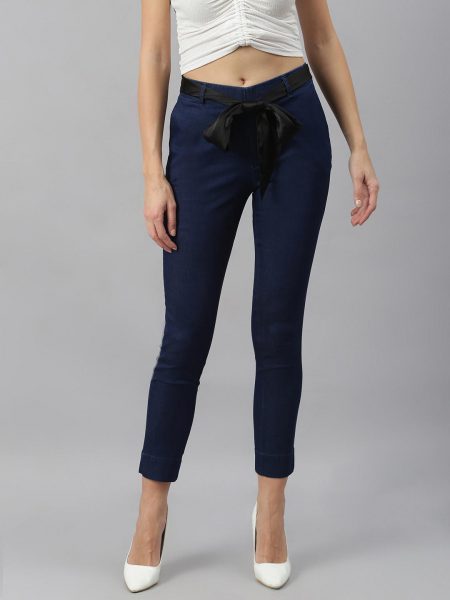 Slim Fit Denim Jeggings With Satin Belt