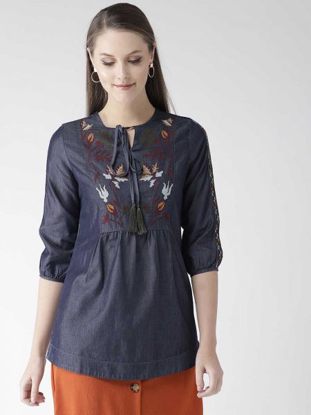 Embroidered Chambray Pure Cotton Top