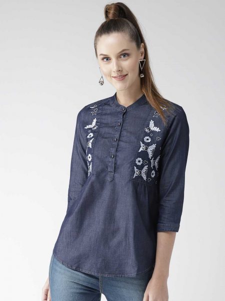 Mandarin Collar Denim Regular Top
