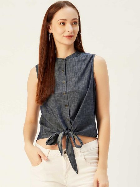 Mandarin Collar Denim Shirt Tie-Up Top