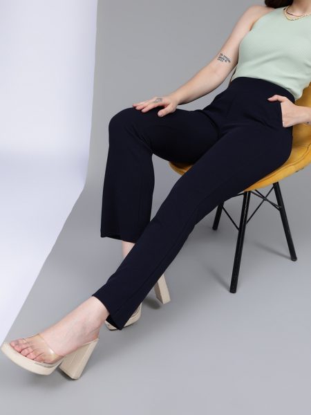 Women Navy Straight Fit  High-Rise Textured Trousers