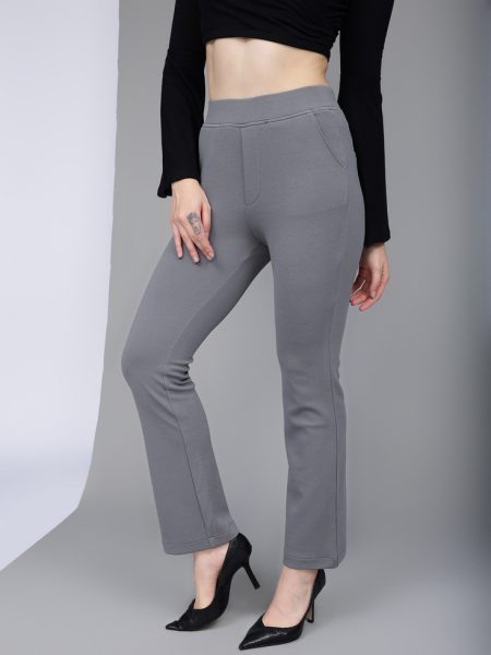 Women Grey Straight Fit  High-Rise Textured Trousers