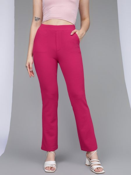 Women Hot Pink Straight Fit  High-Rise Textured Trousers