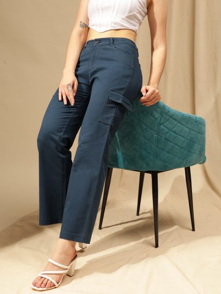 Women Navy Blue Comfort Straight Fit High-Rise Cotton Cargo Trousers
