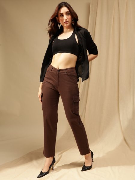 Women Brown Comfort Straight Fit High-Rise Cotton Cargo Trousers