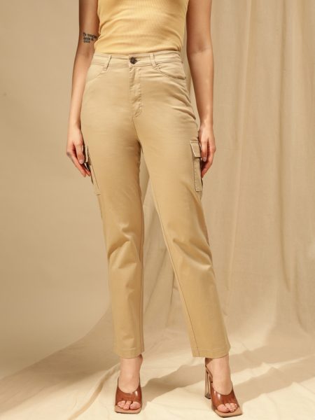 Women Beige Comfort Straight Fit High-Rise Cotton Cargo Trousers