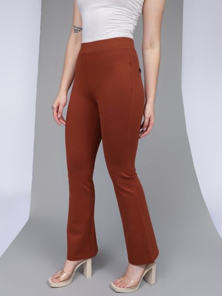 Women Rust Comfort Flared High-Rise Trousers