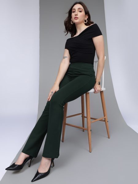 Women Dark Green Comfort Flared High-Rise Trousers