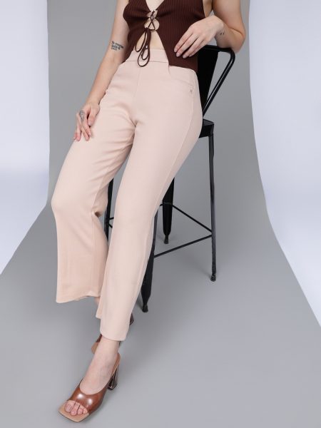 Women Blushcream Ribbed Wide Leg High-Rise Trousers
