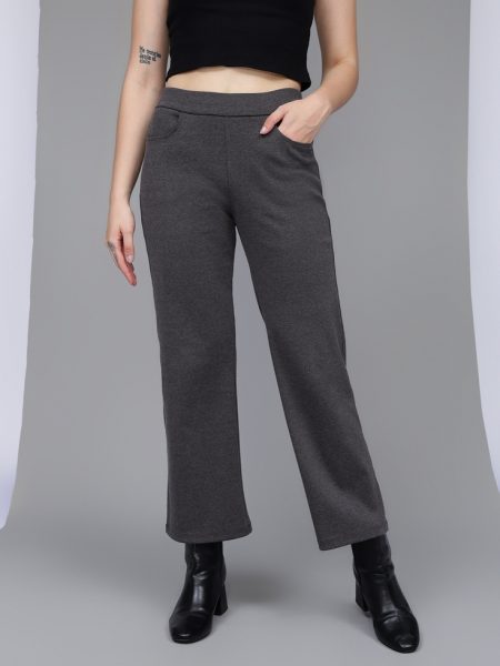 Women Charcoal Ribbed Wide Leg High-Rise Trousers