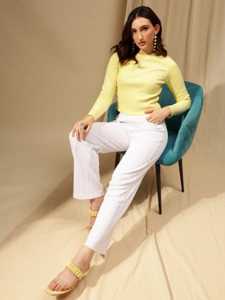 Women White Ribbed Wide Leg High-Rise Trousers
