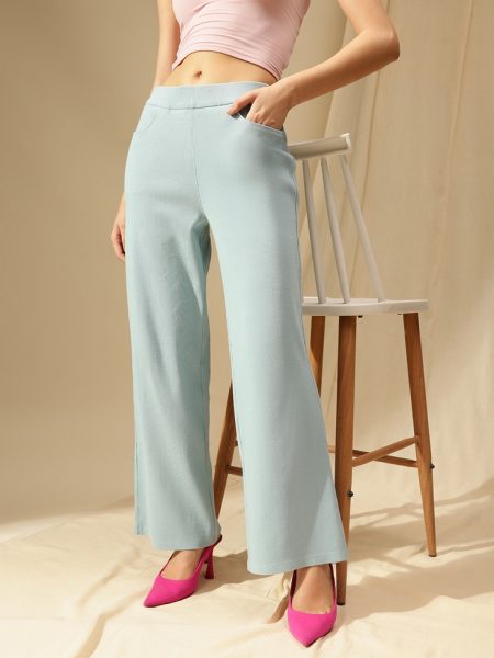 Women sky Ribbed Wide Leg High-Rise Trousers