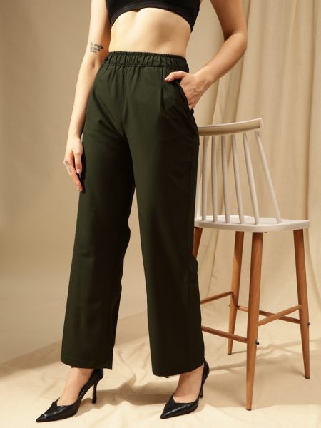 Women Olive Relaxed Loose Fit Super High Rise Trousers