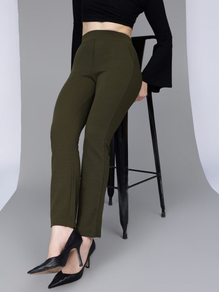 Women Olive Straight Fit  High-Rise Textured Trousers