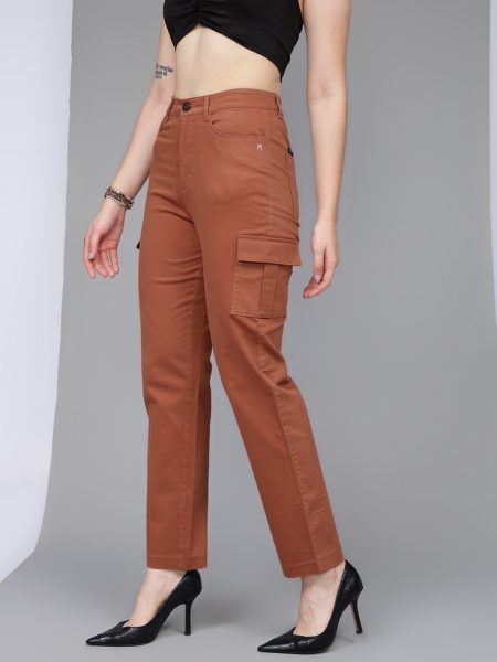 Women Rust Comfort Straight Fit High-Rise Cotton Cargo Trousers