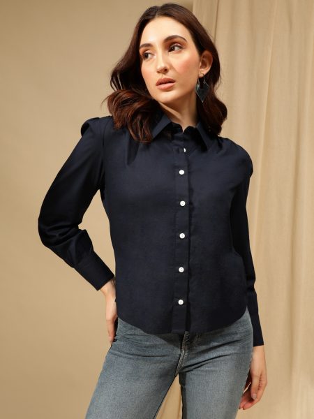 Women Navy Spread Collar Cotton Formal Shirt