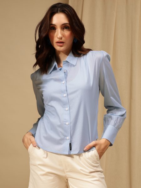 Women Sky Spread Collar Cotton Formal Shirt