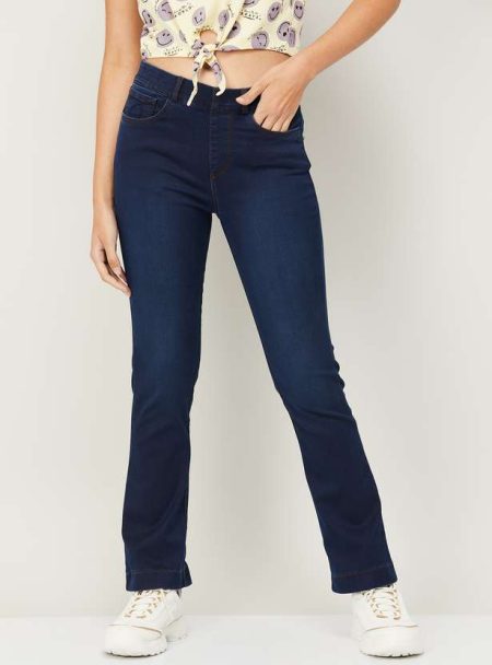 Women Navy Blue Comfort Bootcut  Slip-On High-Rise Stretchable Jeans