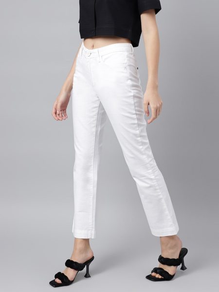 Women White Smart Boot cut Solid Trousers