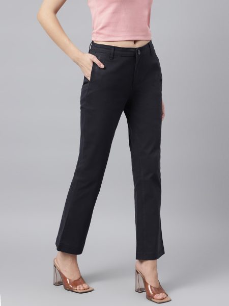 Women Navy Boot Cut Fit High-Rise Clean Look Stretchable Trousers