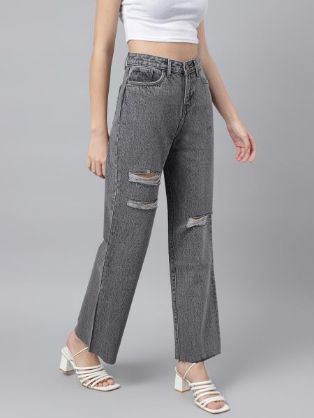 Women Grey Comfort  Mildly Distressed Wide Leg High-Rise Non Stretchable Jeans