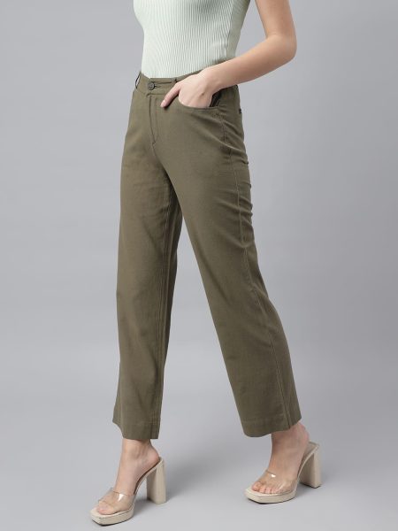 Women Olive Cotton Textured Parallel Trousers