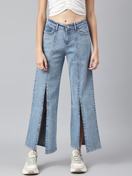 Women Blue Comfort Wide Leg High-Rise Front Slit Stretchable Jeans