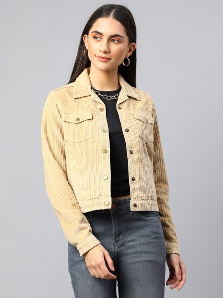 Women Beige Corduroy Tailored Jacket