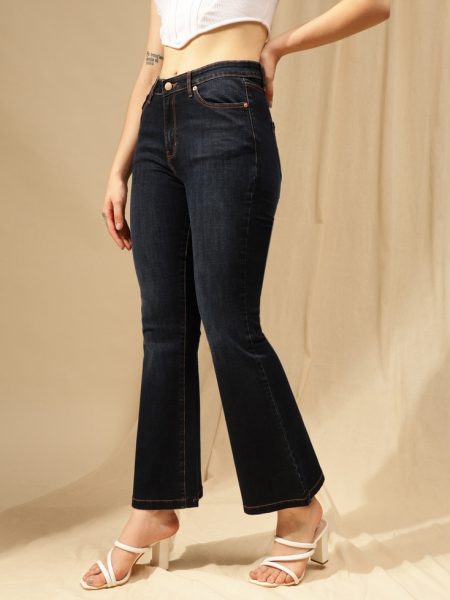 Women Navy Dark Blue Comfort Flared High-Rise  Stretchable Jeans