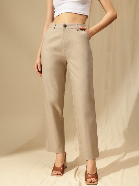 Women khaki cotton - Linen straight Fit High-Rise Trousers