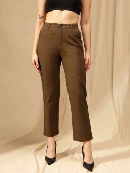 Women Brown cotton - Linen straight Fit High-Rise Trousers