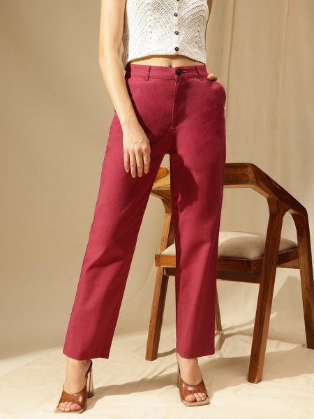 Women Pink cotton - Linen straight Fit High-Rise Trousers