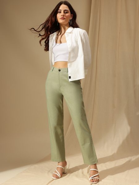 Women Green cotton - Linen straight Fit High-Rise Trousers