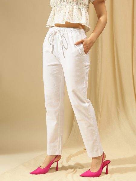 Women White straight Fit Cotton Linen Trousers