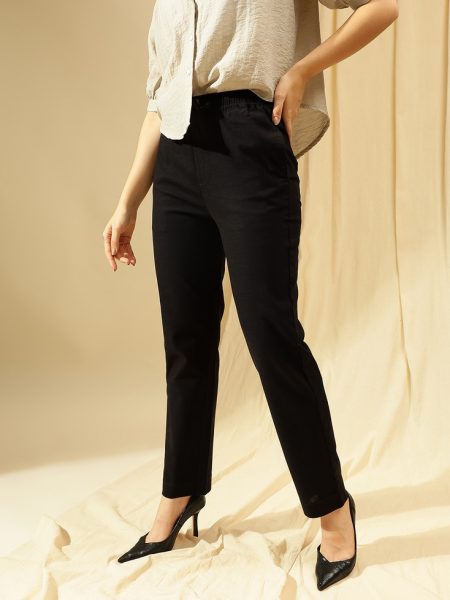 Women Black  straight Fit Cotton Linen Trousers