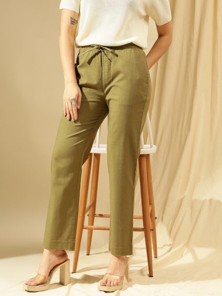 Women Olive straight Fit Cotton Linen Trousers