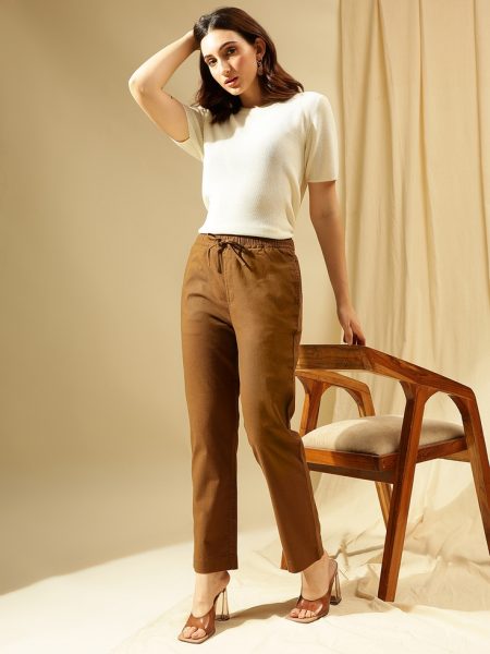 Women Brown straight Fit Cotton Linen Trousers