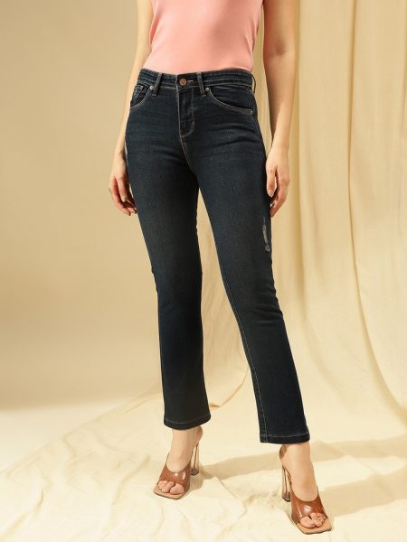 Women Dark Blue Comfort Low Distress  Straight Fit High-Rise Stretchable Jeans