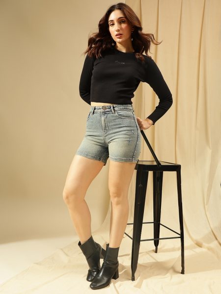 Women Blue super High-Rise Distressed Denim Shorts
