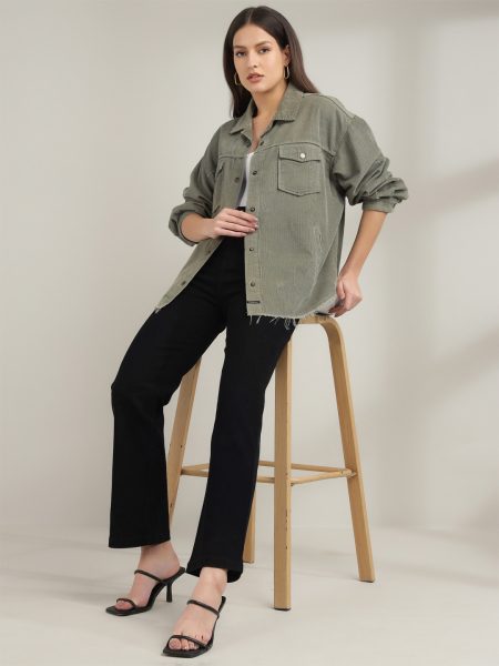 Women Olive Solid Oversized Boyfriend Fit Corduroy Shacket