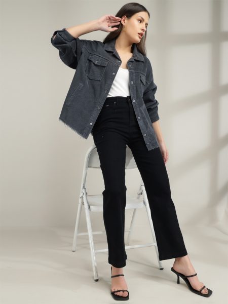 Women Dark Grey Solid Oversized Boyfriend Fit Corduroy Shacket