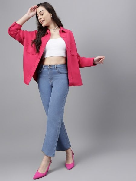 Women Fuchsia Comfort Spread Collar Casual Fleece Shacket