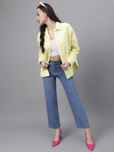 Women Yellow Comfort Spread Collar Casual Fleece Shacket