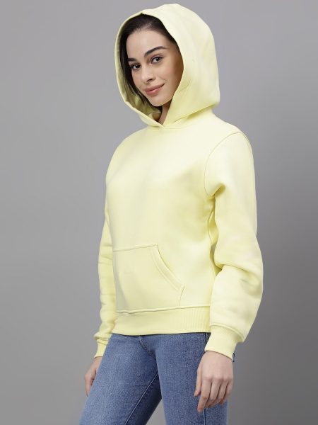 Women Yellow Solid Hood Wool Sweatshirt