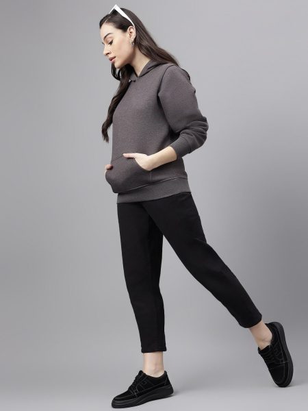 Women Charcoal Solid Hood Wool Sweatshirt