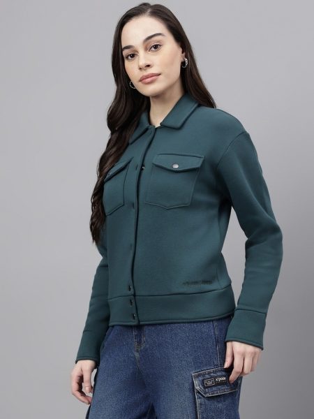 Women Green Spraed Collar Fleece Tailored Jacket