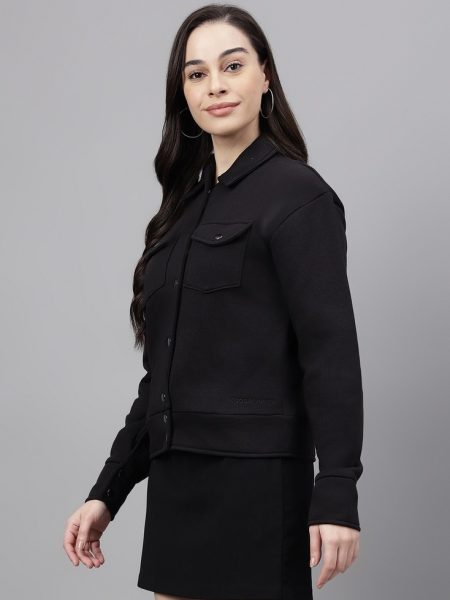 Women Black Spraed Collar Fleece Tailored Jacket