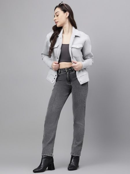 Women Grey Spraed Collar Fleece Tailored Jacket